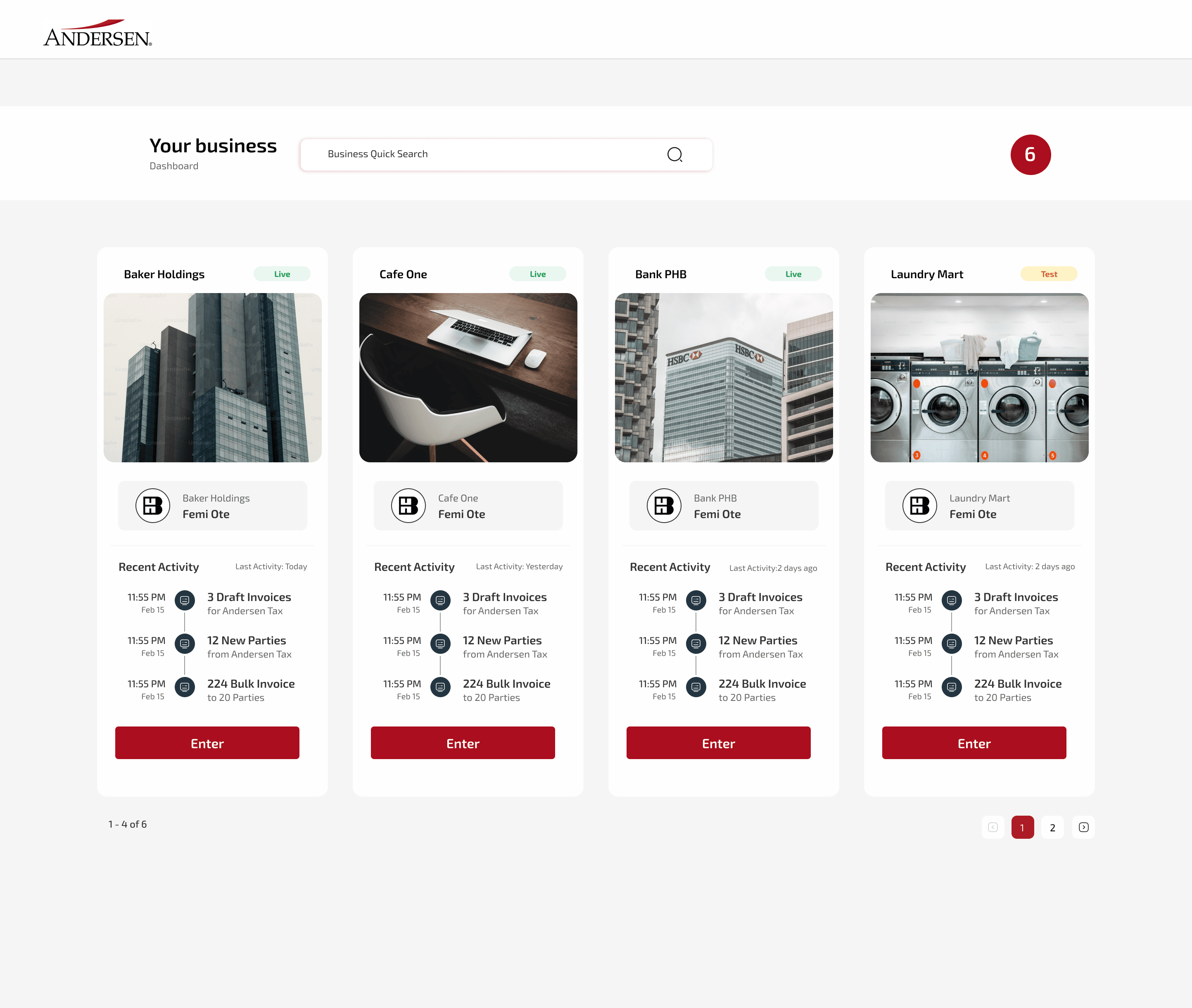 The business list: four tenants with live status, recent activity and an Enter action