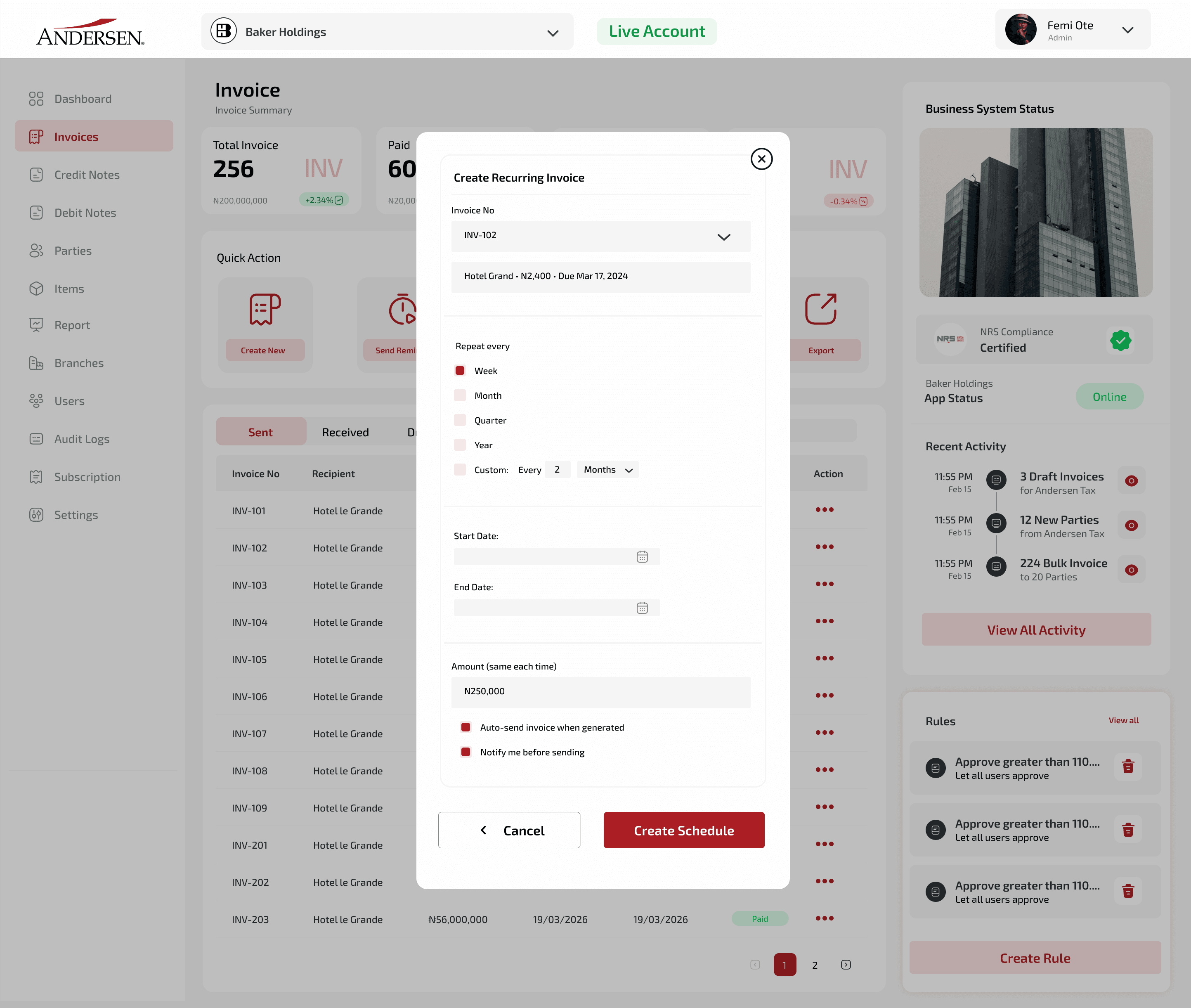 The invoice creation screen