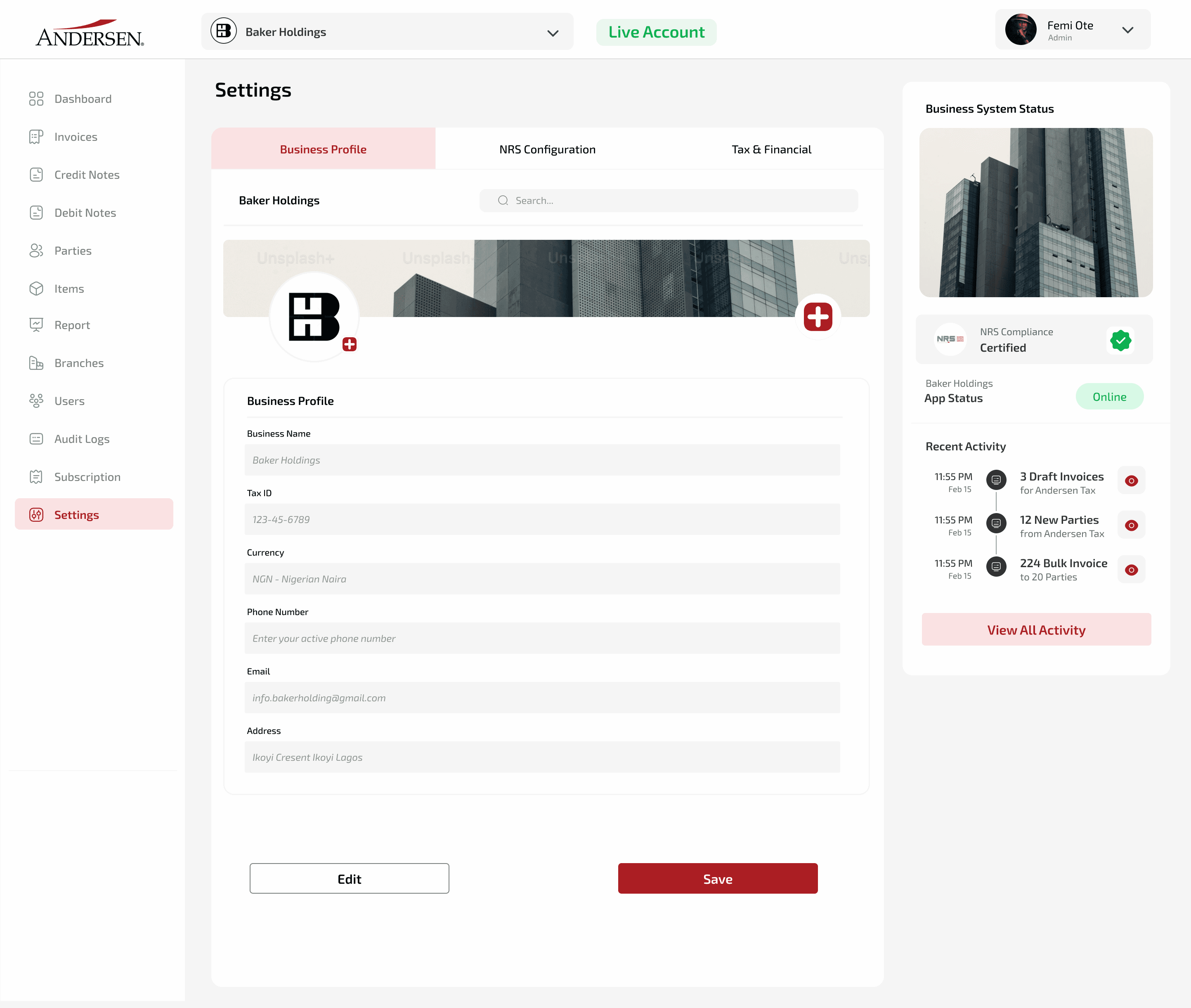 The Andersen E-Invoicing Platform sign-in screen