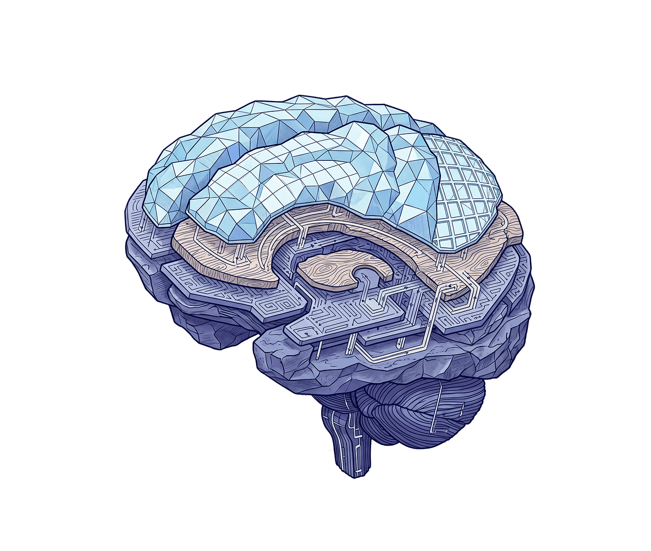 Layered isometric illustration of a brain