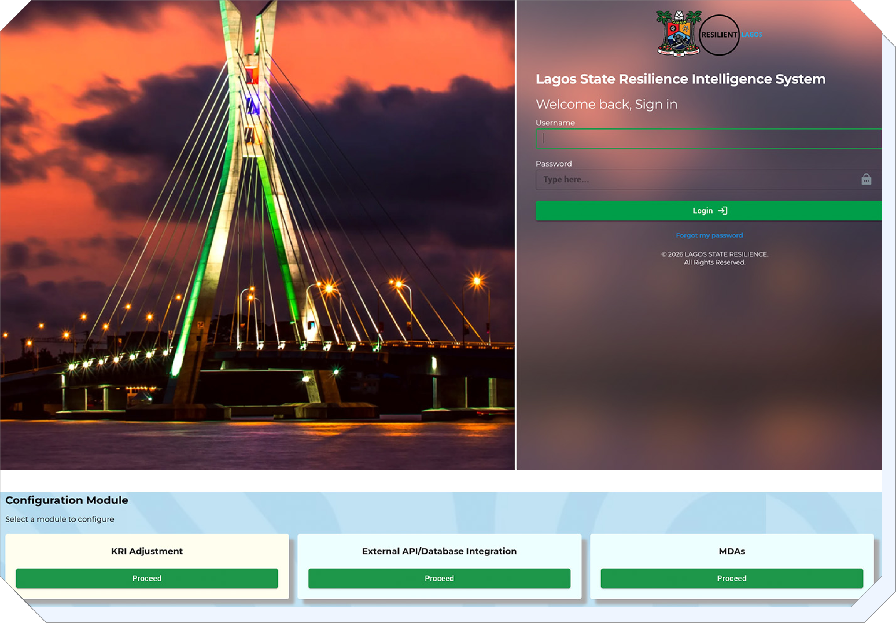 The platform as inherited: a sign-in page built around a stock photo of the Lekki-Ikoyi bridge, above the Configuration Module screen