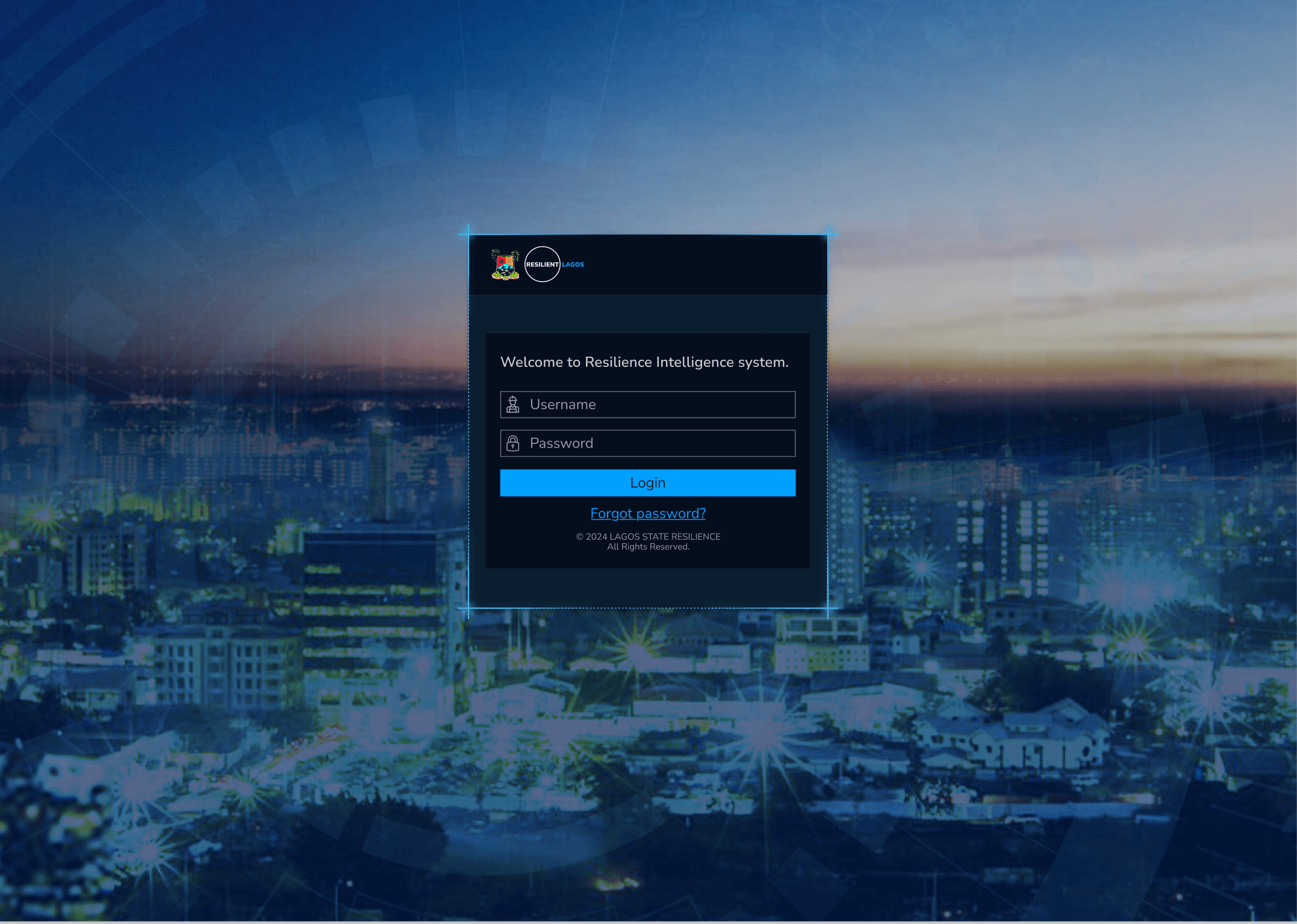 The Resilience Intelligence System sign-in, over a night view of Lagos